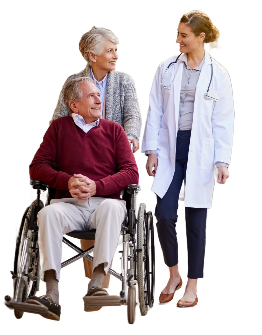 Doctor walking with a patient and their wife.